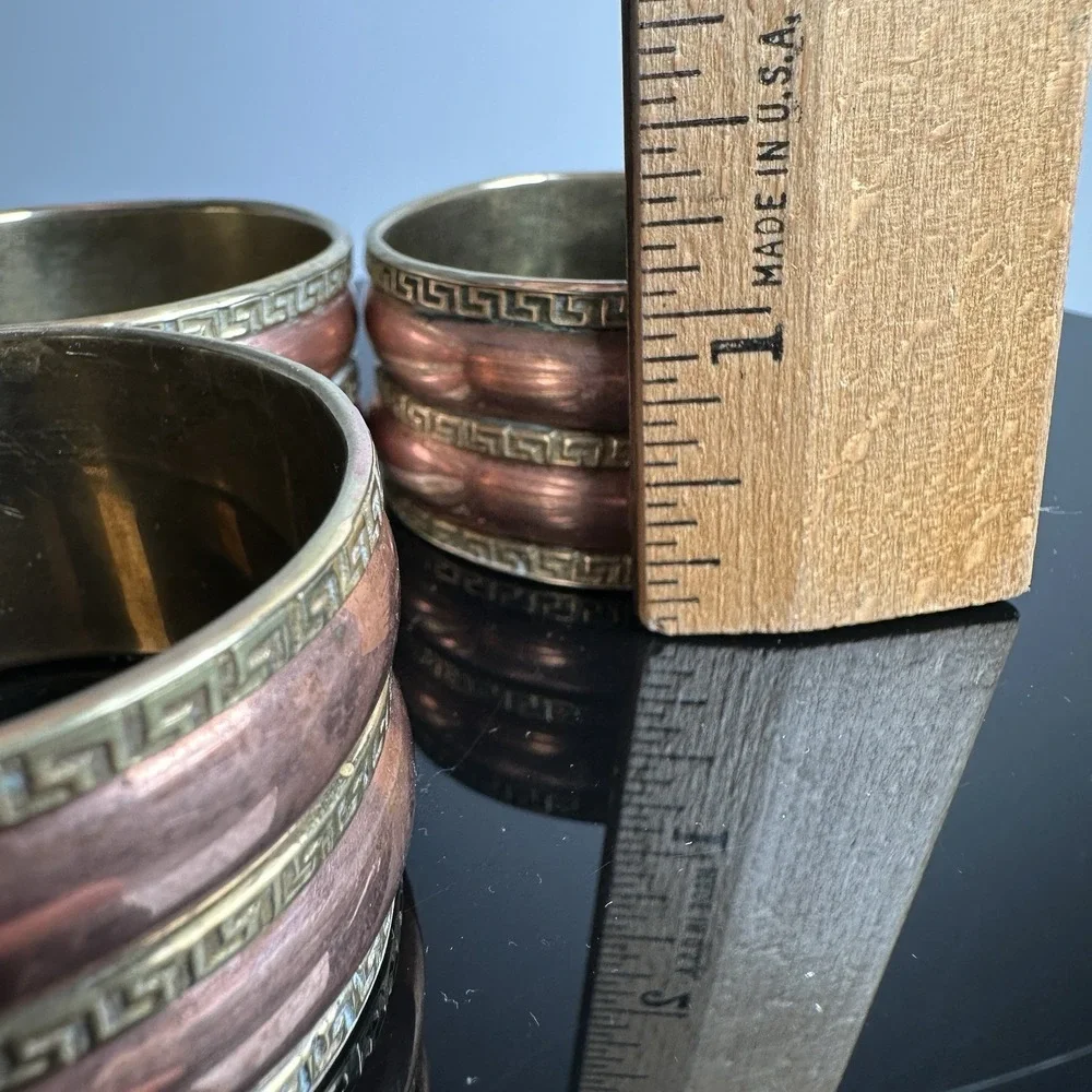 Vintage Set 4 Brass Copper Greek Key Mid Century Regency Napkin Holder Rings